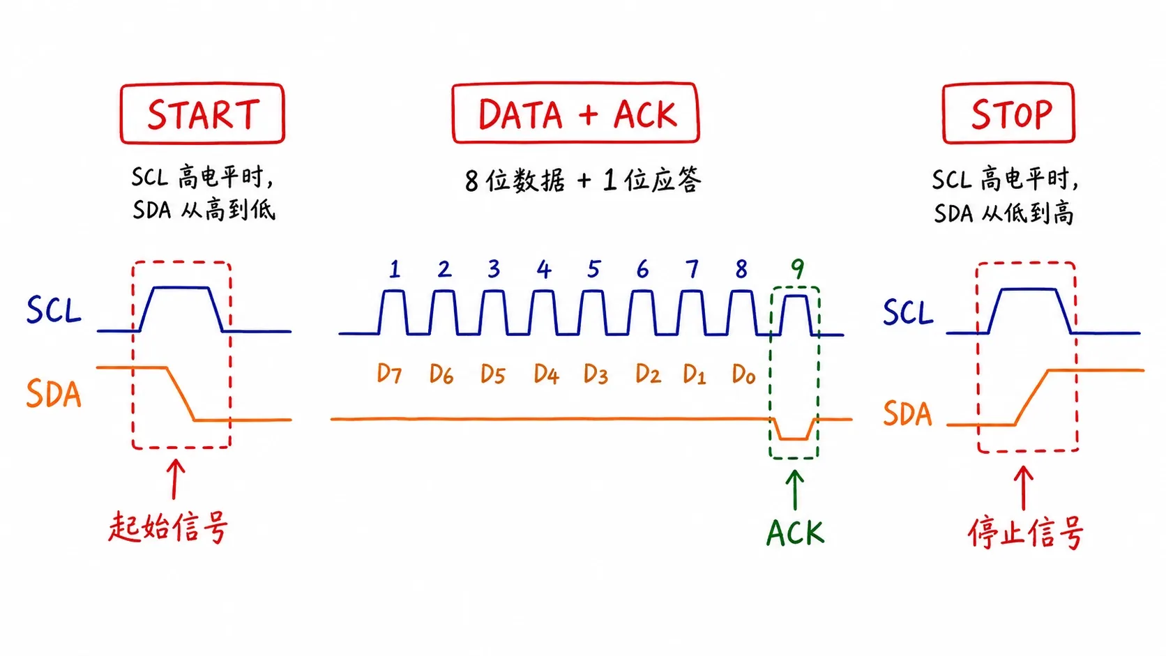 I2C 时序中 SCL 高电平期间 SDA 保持稳定，START 是 SDA 高到低，STOP 是 SDA 低到高，数据字节后第 9 个时钟为 ACK 或 NACK
